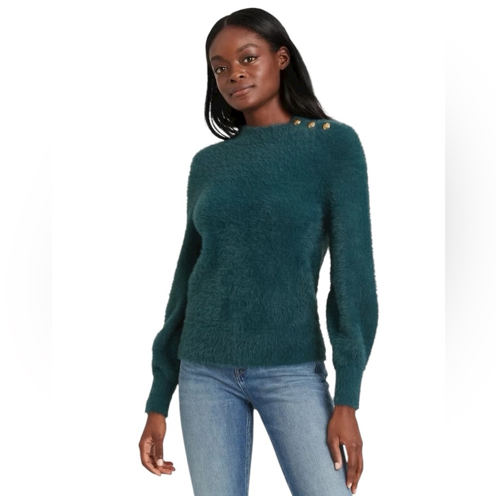 Banana Republic Loch Green Teal Fuzzy Eyelash Knit Gold Button Accent Sz Medium